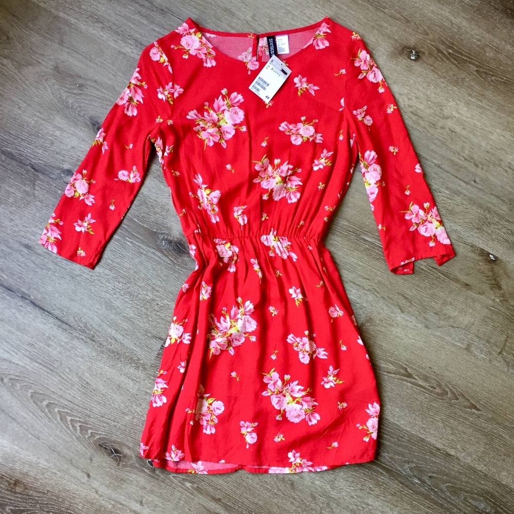 Red floral print long sleeve mini dress